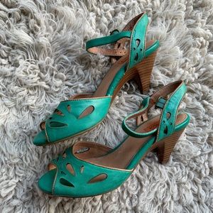 Miz Mooz Teal Cutout Leather Slingback Heels
